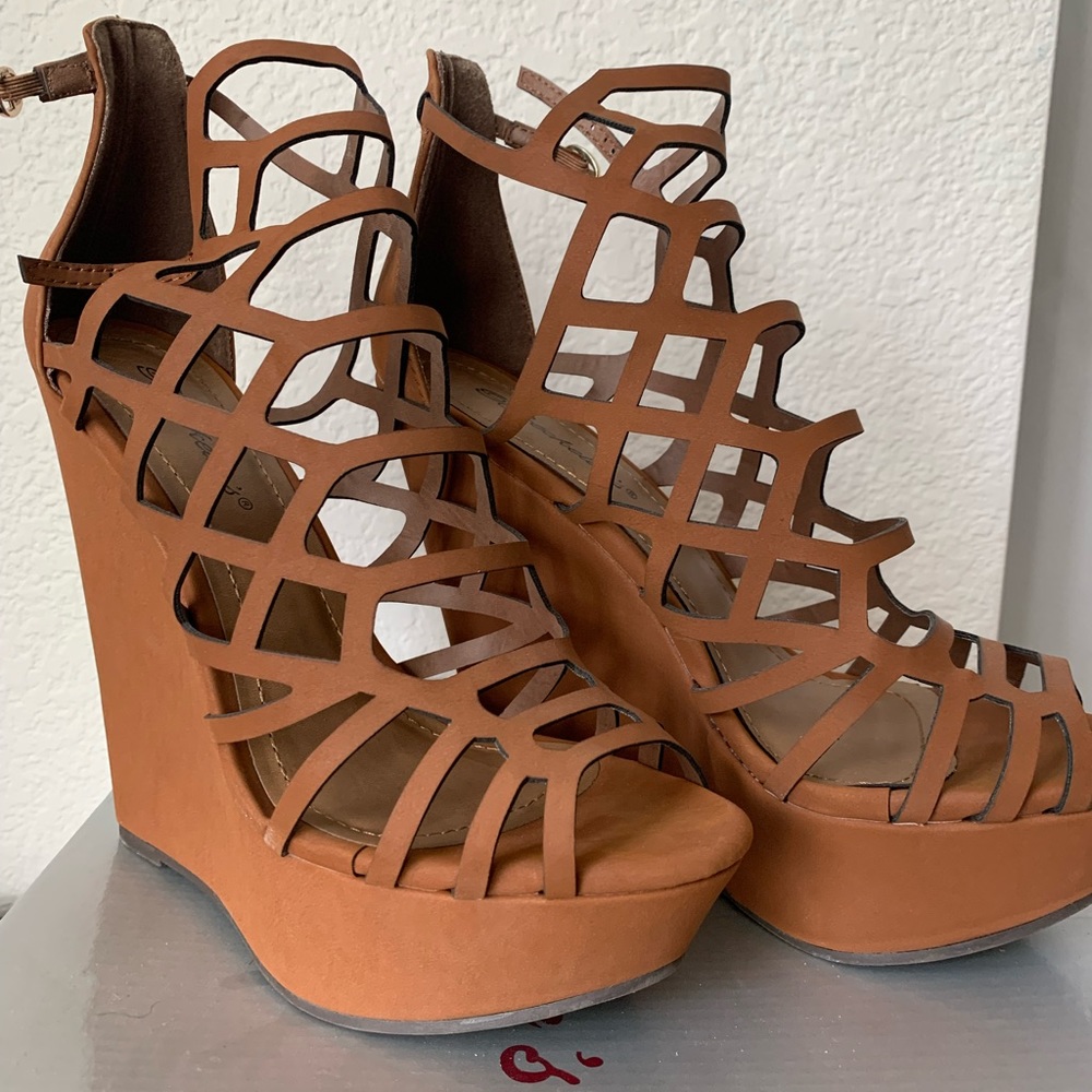 Strappy Brown Wedge Heels